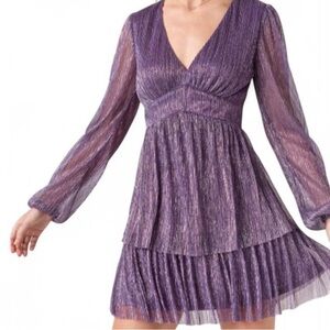miami Lavender Metallic V-Neck Long Sleeve Tiered Dress
